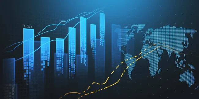 A digital representation of growth analytics with blue bar charts, global map, and trend lines symbolizing scalability and global reach