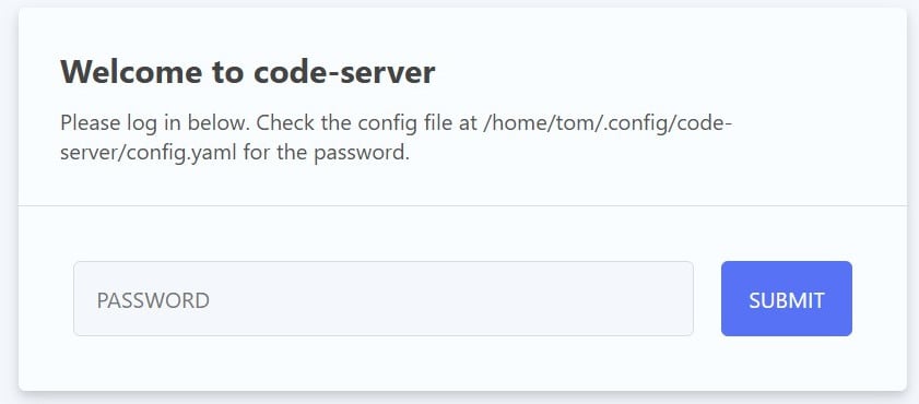 vs code server web interface login screen