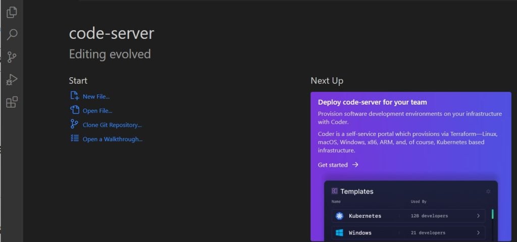 vs code server welcome screen web browser