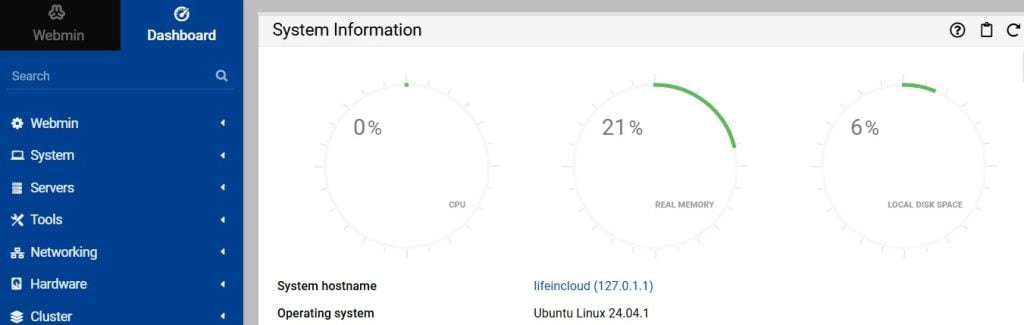 webmin dashboard showing system resources