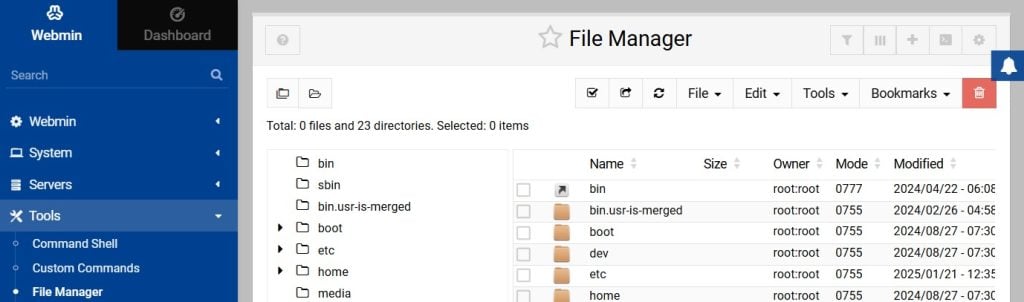 webmin graphical file manager