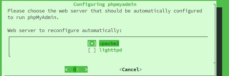 phpmyadmin installer prompt for web server